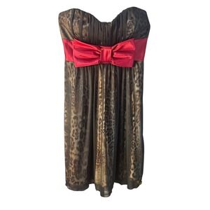 Teeze Me Strapless Safari Inspire Dress Red Bow Y2K Coquette Size M Rare Overlay
